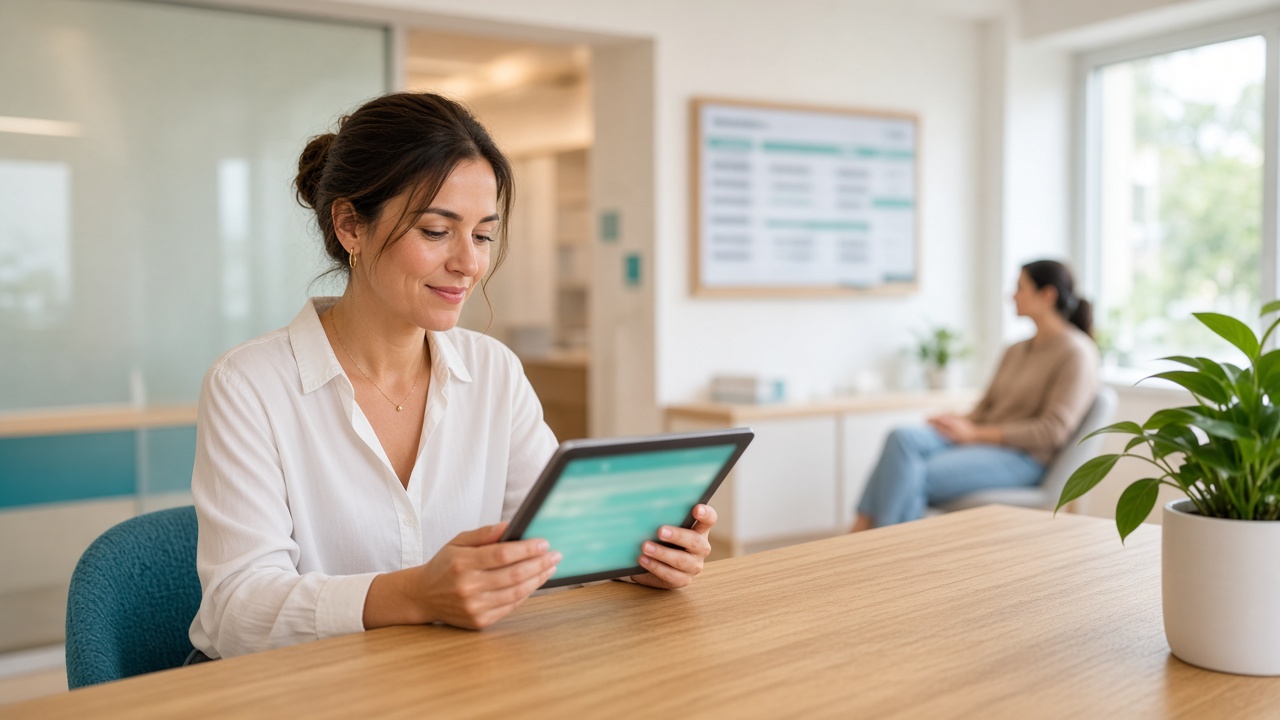 Recepción de una clínica revisando las citas del día en una tablet