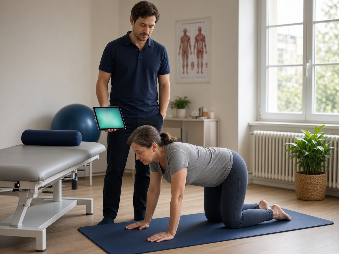 Fisioterapeuta acompañando un ejercicio de rehabilitación con la pauta en la tablet