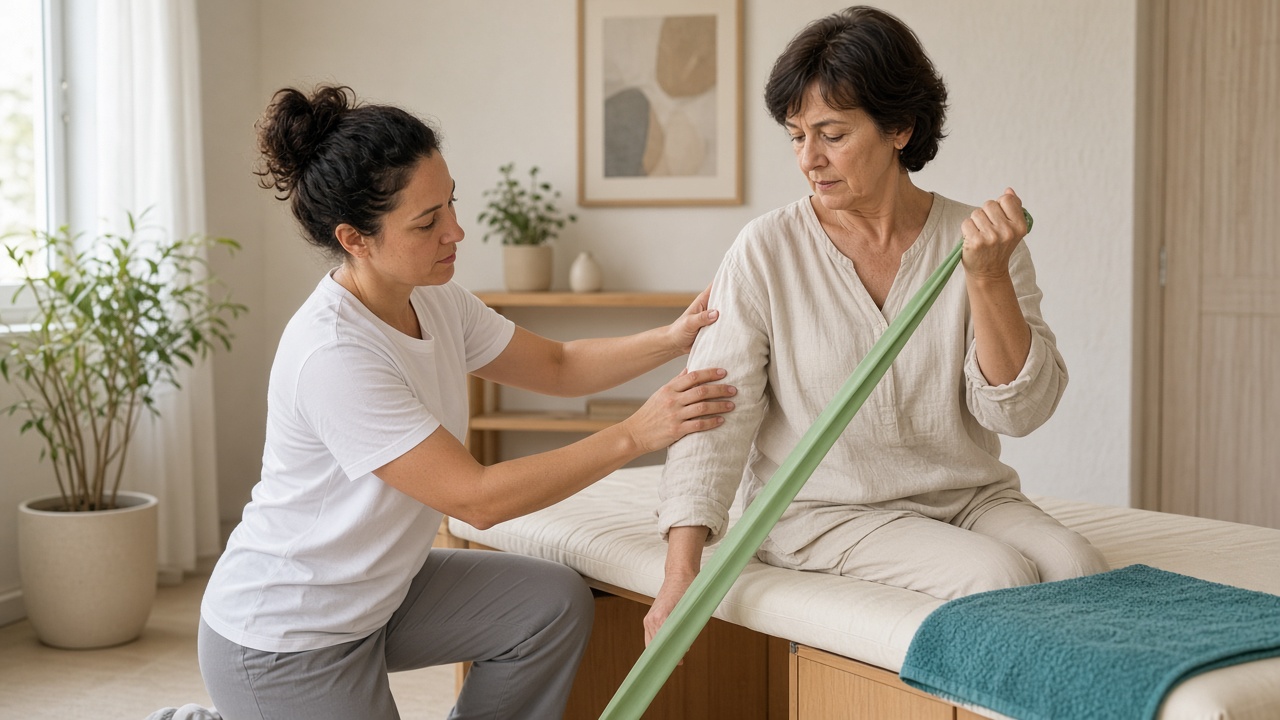 Sesión de rehabilitación: una fisioterapeuta guía el hombro de una paciente con una banda