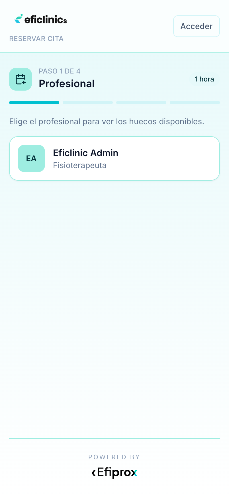 Pantalla de reserva de Eficlinics para elegir al fisioterapeuta