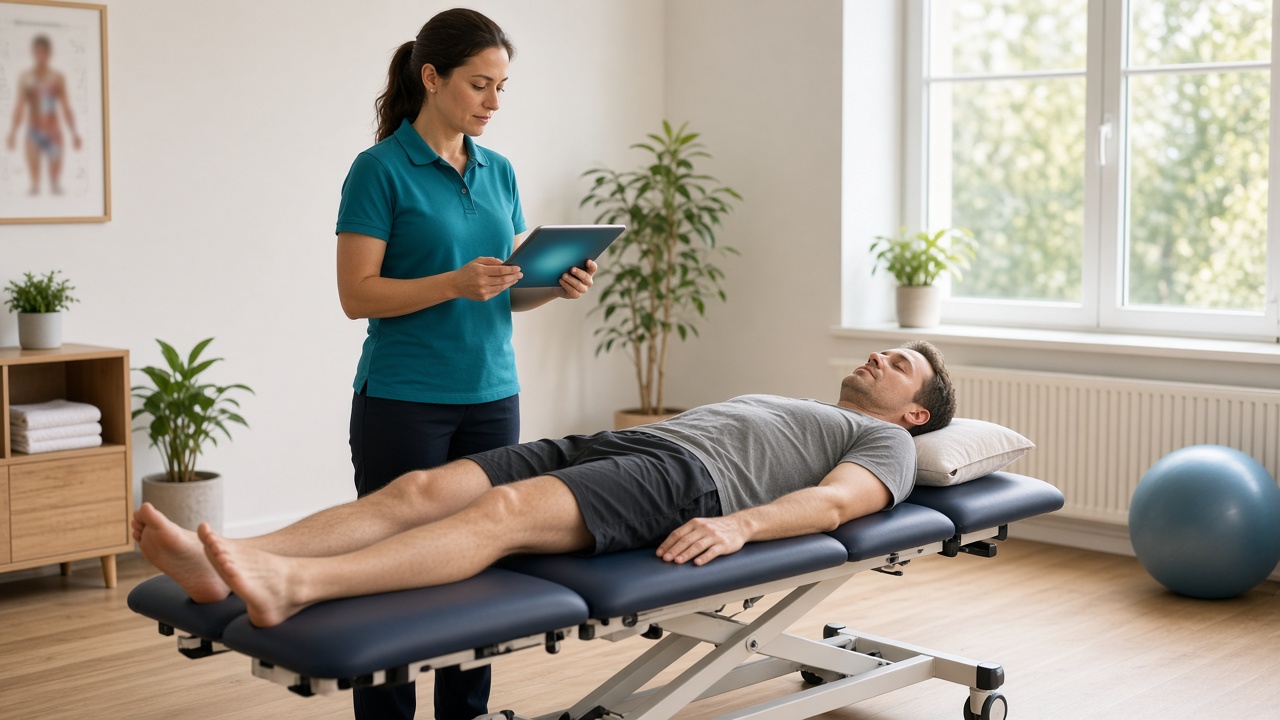 Fisioterapeuta consultando la ficha durante una sesión